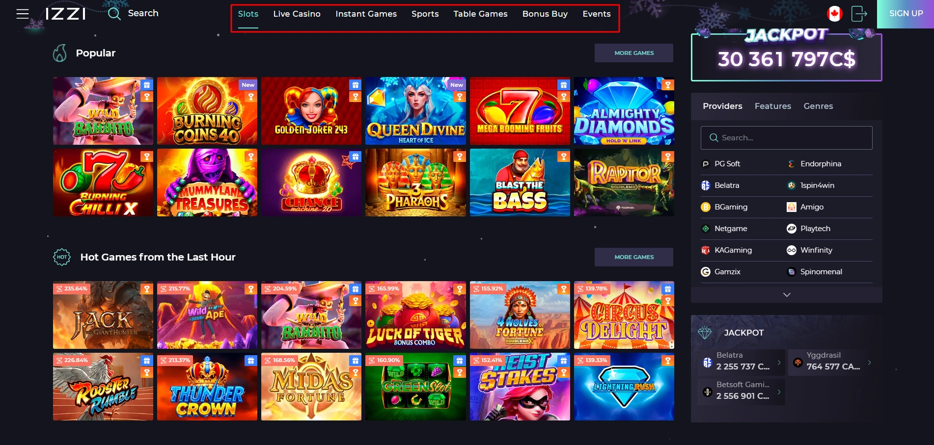 Izzi Casino game library showcasing various game categories and highlighted markets